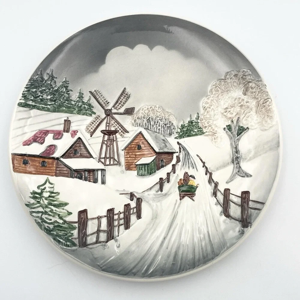 Vintage 1978 West Germany 3D Relief Winter Village‎ Windmill Wall Plate 9.25